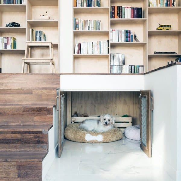 small dog house under stairs marble floor gate