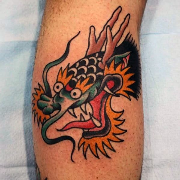 Small Dragon Head Guys Traditional Leg Calf Tattoo Ideas