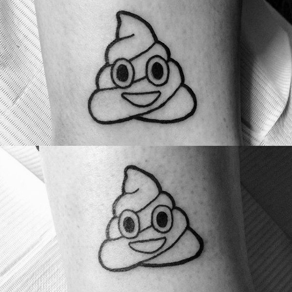 Outline tattoo of the poop emoji with wide eyes and a smiling face