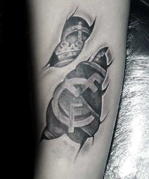Small Forearm Ripped Skin Distinctive Male Real Madrid Tattoo Designs