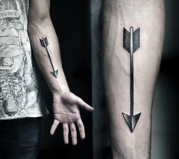 Two arms with black arrow tattoos pointing downward; one arm has a sleeve tattoo