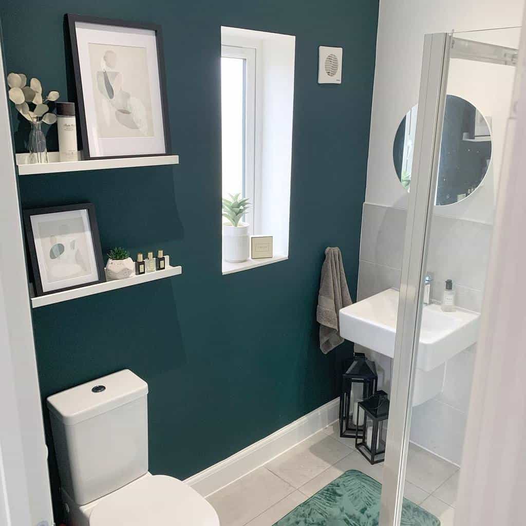 modern bathroom shower green accent well white wall shelves lanterns