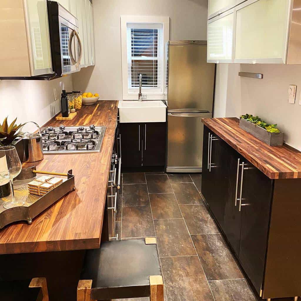 small galley kitchen wood bench tops paver flooring