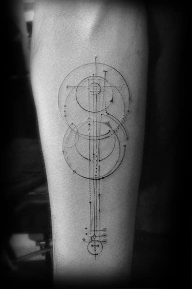 Minimalist geometric tattoo of a violin composed of fine lines, circles, and precise dotwork, creating a modern and abstract design on the forearm.
