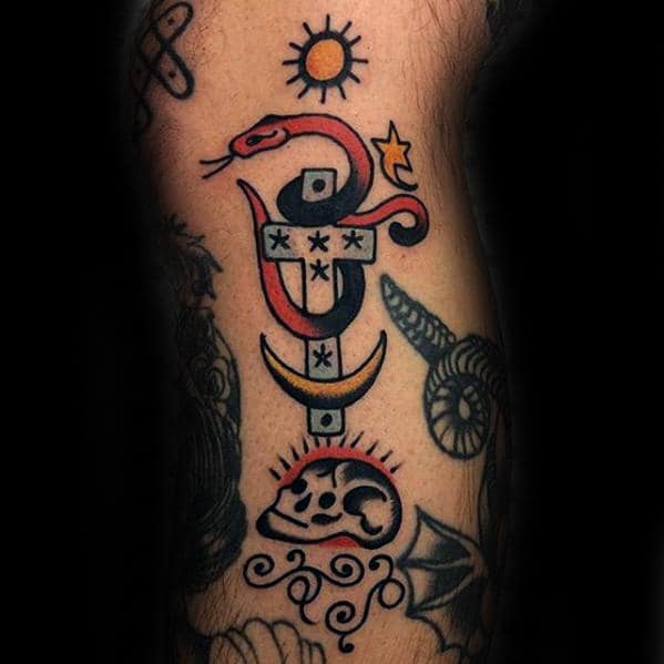 Small Glowing Skull Guys Traditional Leg Tattoos