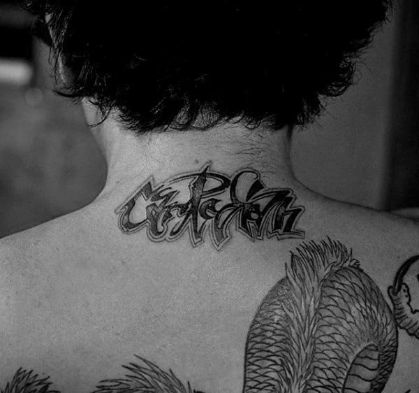 Small Graffiti Carpe Diem Mens Upper Back Tattoo