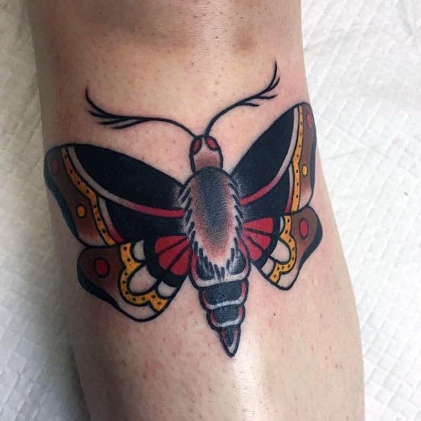 Small Guys Black Red And Yellow Moth Traditional Leg Tattoo