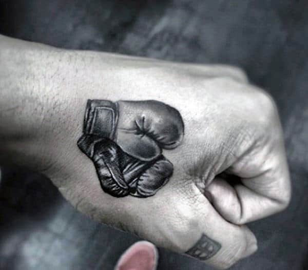 Small Guys Boxing Gloves Tattoo On Hand