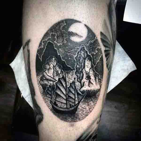Small Guys Sailing Ship Moon Tattoo