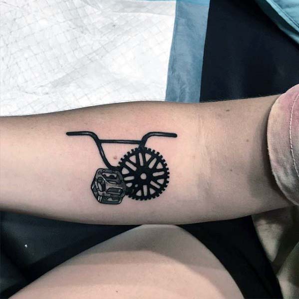 Small Handlebars With Gear And Pedal Male Bmx Themed Inner Forearm Tattoo