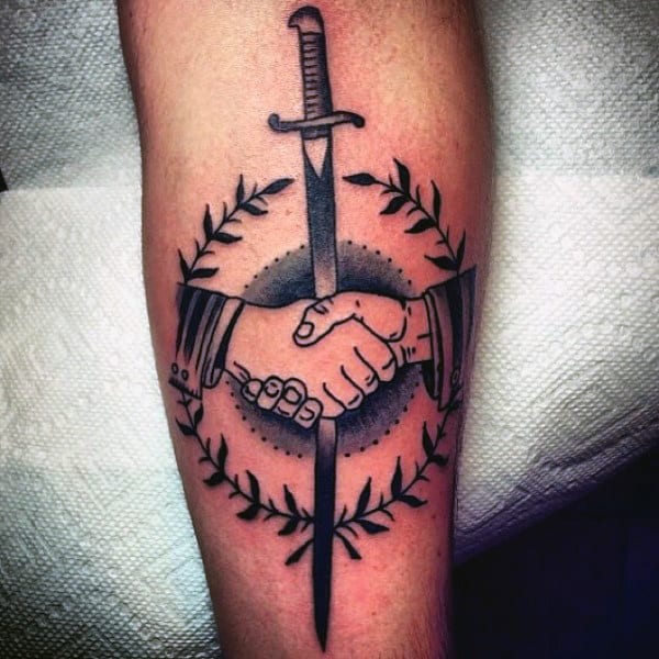 Small Handshake Sword Male Tattoos