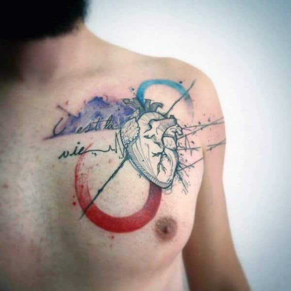 Small Heart Watercolor Tattoo On Chest For Guys