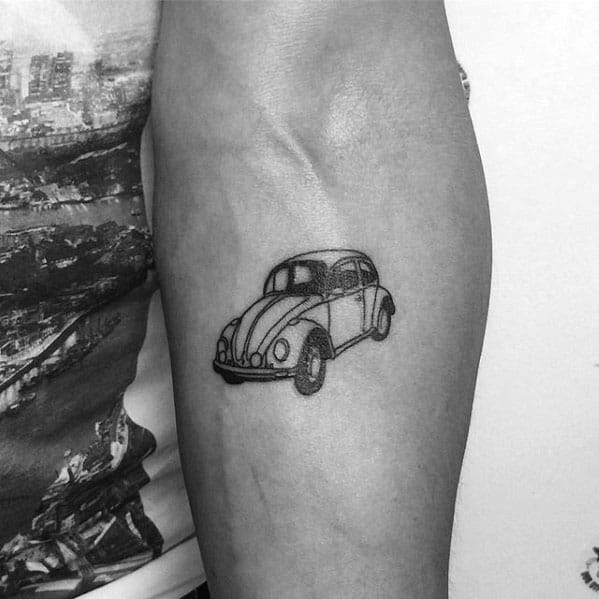 Minimalist black line tattoo of a classic Volkswagen Beetle on the calf, with a clean and simple design.