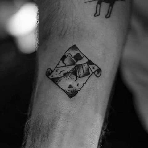 Small Inner Forearm Shaded Scroll Tent Tattoo Ideas For Males