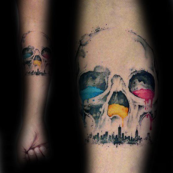Small Inner Forearm Watercolor Skull Tattoos For Gentlemen