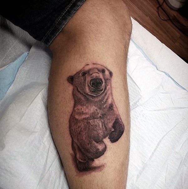 Small Jumping Polar Bear Mens Leg Tattoos