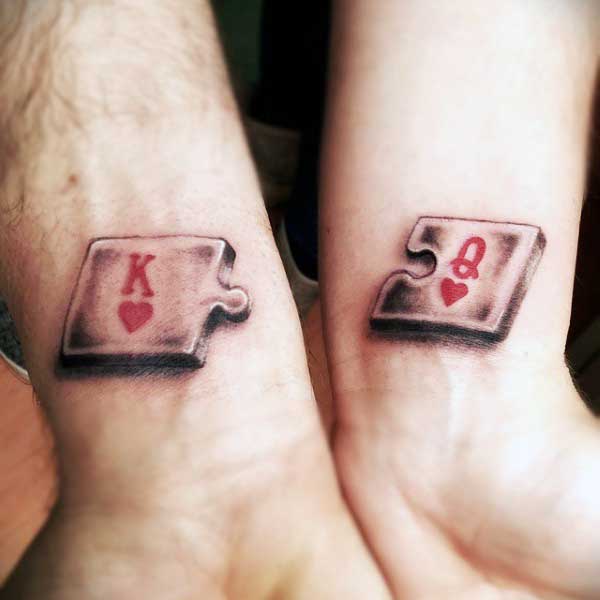 Small King And Queen Puzzle Heart Tattoo For Males On Wrists