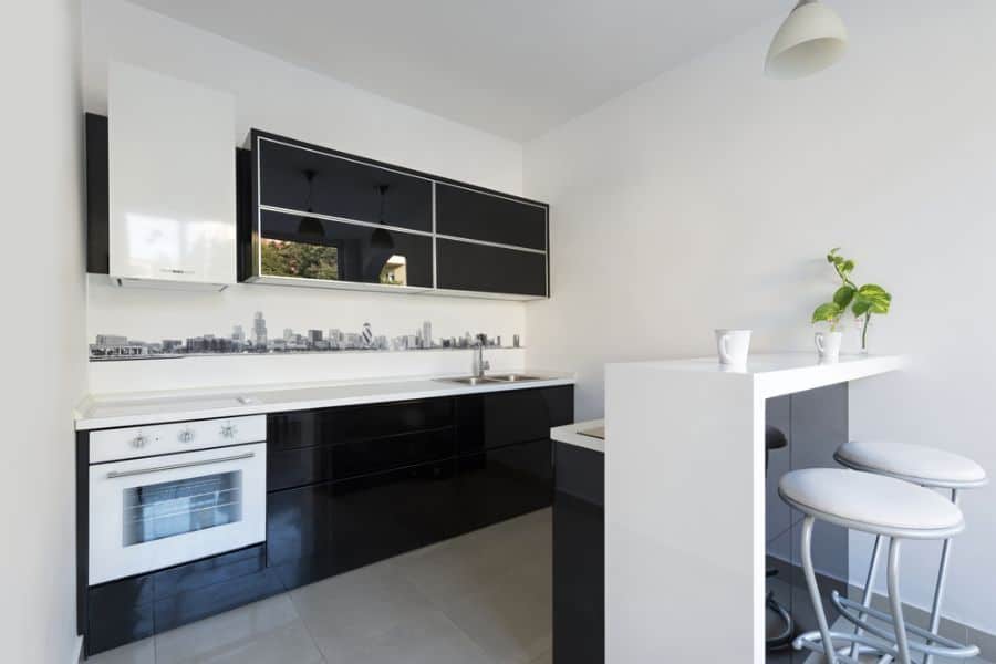 Compact kitchen with black cabinets, white countertops, and a cityscape backsplash.
