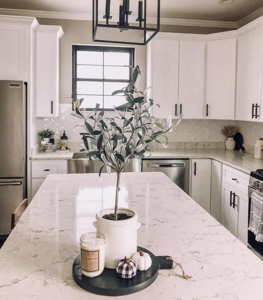 small kitchen window white cabinets polished granite countertop
