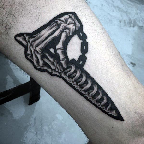Small Kithen Knife With Skeleton Bone Hands Mens Wrist Tattoo