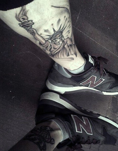 Small Lady Liberty Leg Tattoo For Men