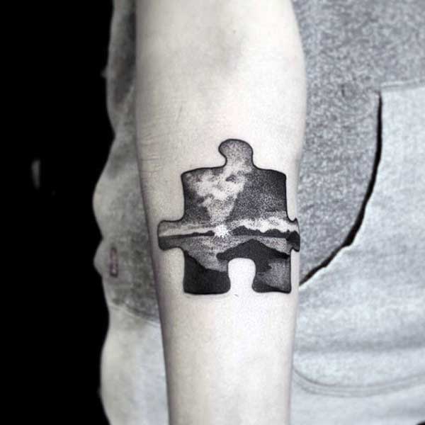 Small Landscape Puzzle Piece Tattoo For Guys On Forearm