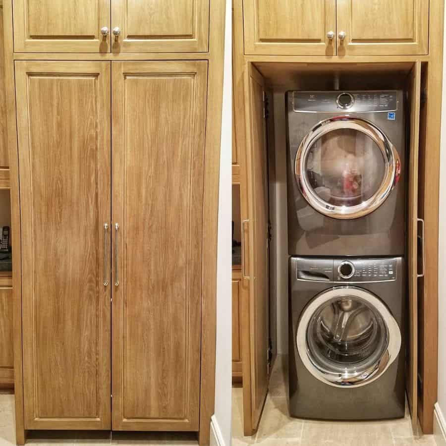washing machine and dryer behind wood closet 