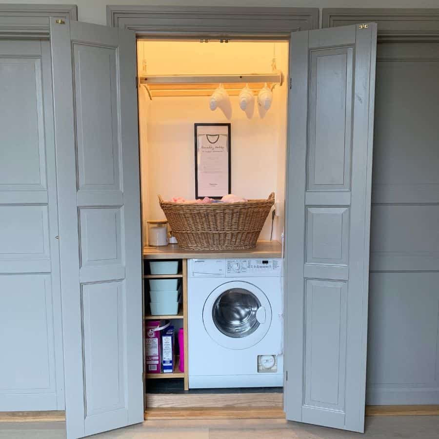 gray laundry closet wicker basket 