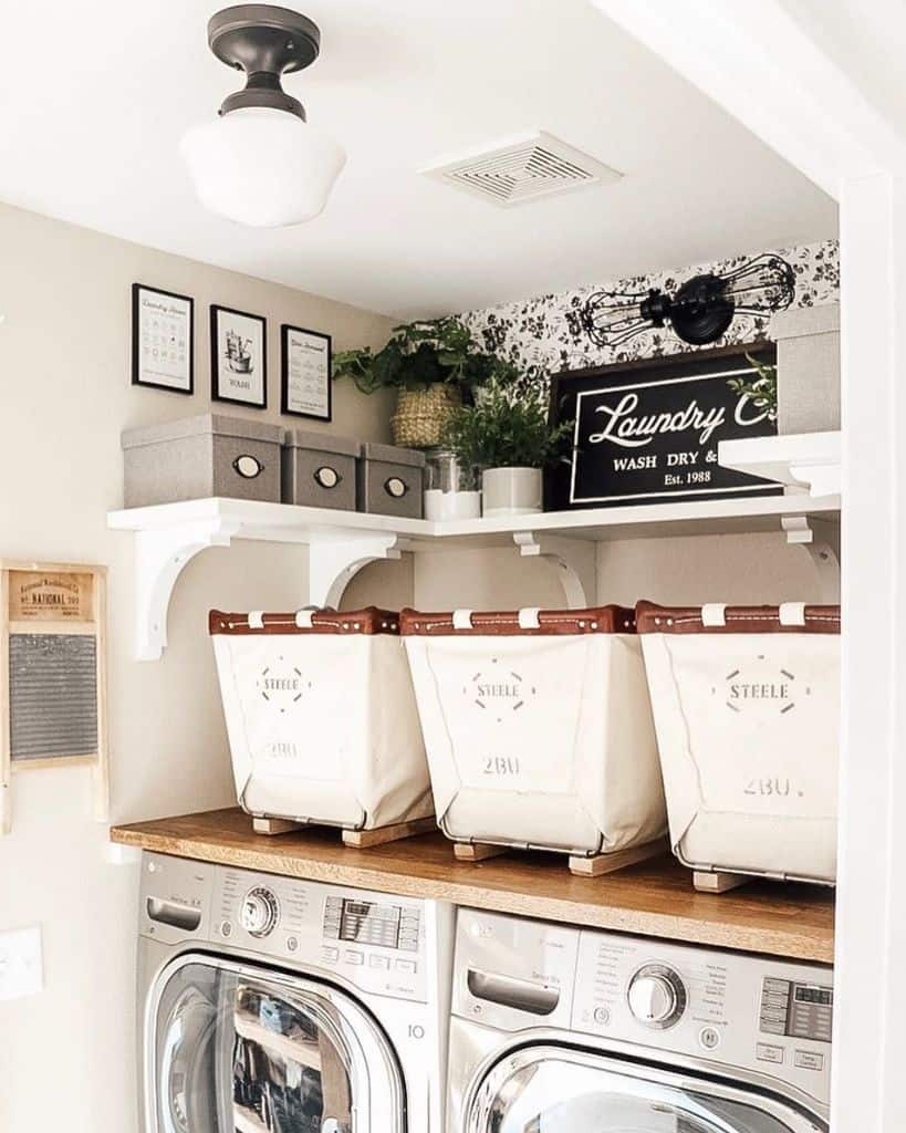 small farmhouse laundry room with basket storage