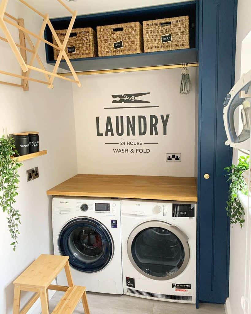 small laundry with basket storage