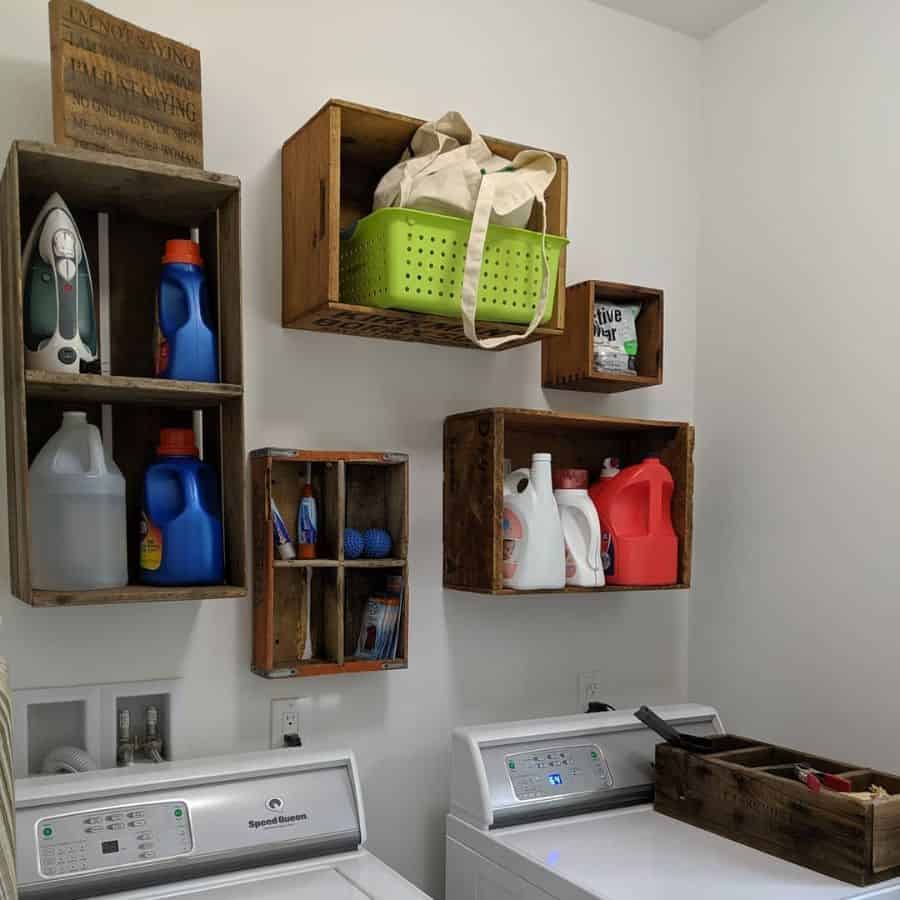 laundry room with wood crate wall storage