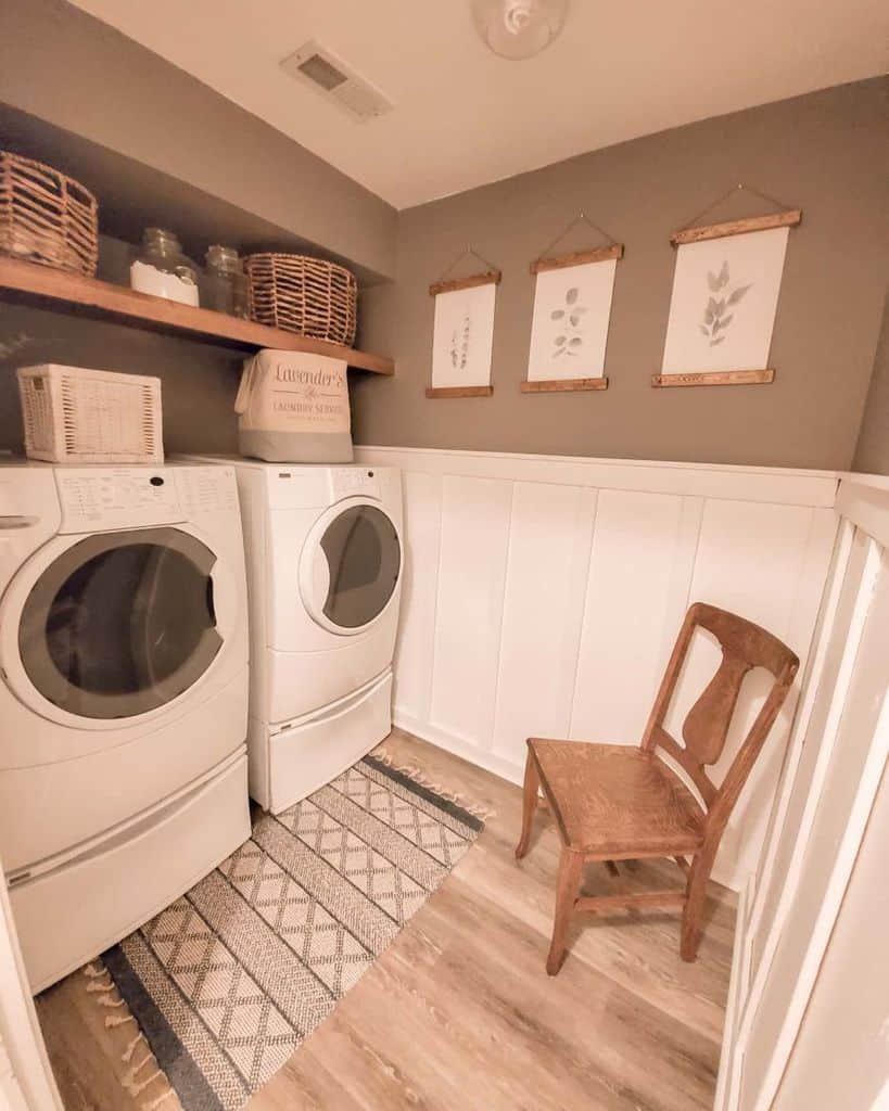 farmhouse small laundry with wood accent chair