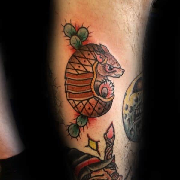 Small Leg Cactus With Armadillo Tattoo Designs For Guys