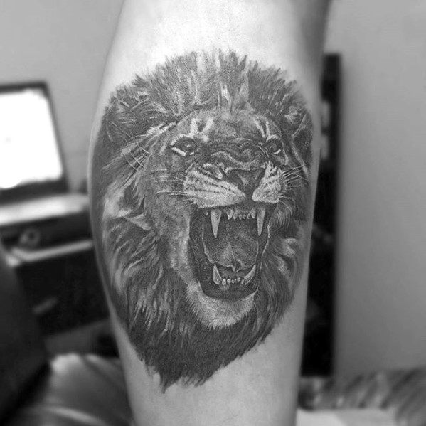 Small Leg Calf Guys Shaded Lion Head Tattoo Designs