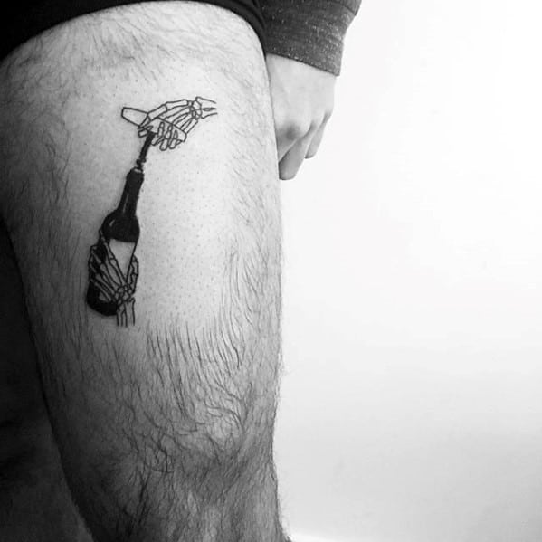 Small Leg Incredible Skeleton Hand Opening Wine Bottle Thigh Tattoos For Men