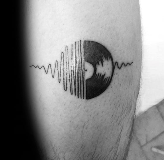 Small Leg Sound Wave Gentleman With Vinyl Record Tattoo