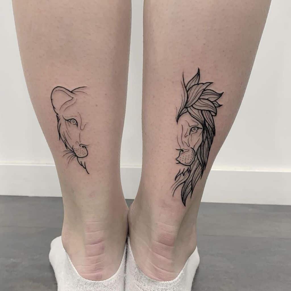 Minimalist lioness tattoo on the left calf, featuring a delicate half-face outline with fine black lines for an elegant, subtle look.