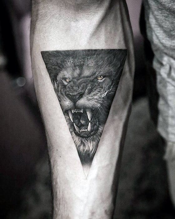 Small Lion Head Roaring Triangle Awesome Inner Forearm Tattoos For Men