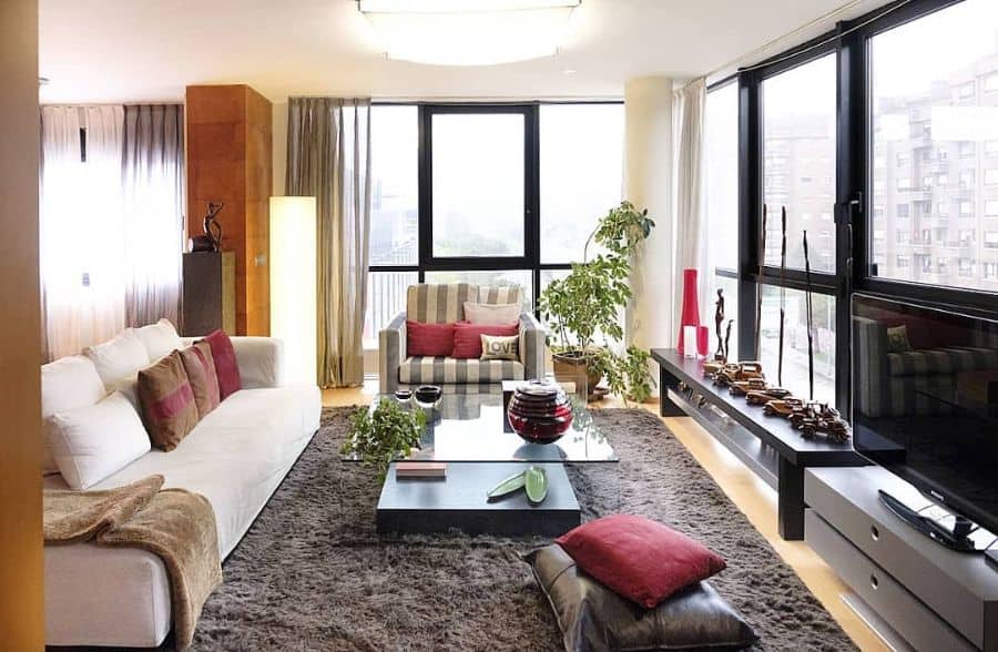 small apartment living room with city view