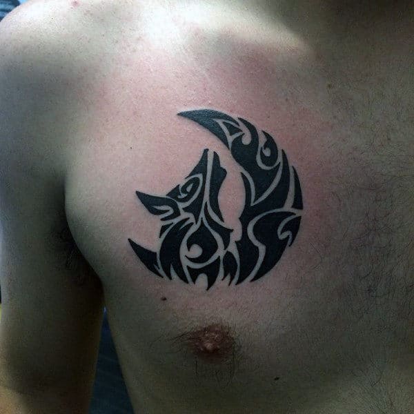 Small Manly Tribal Wolf Moon Chest Tattoos For Males