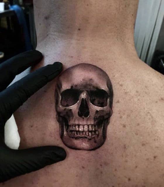 Small Mens 3d Upper Back Skull Tattoo