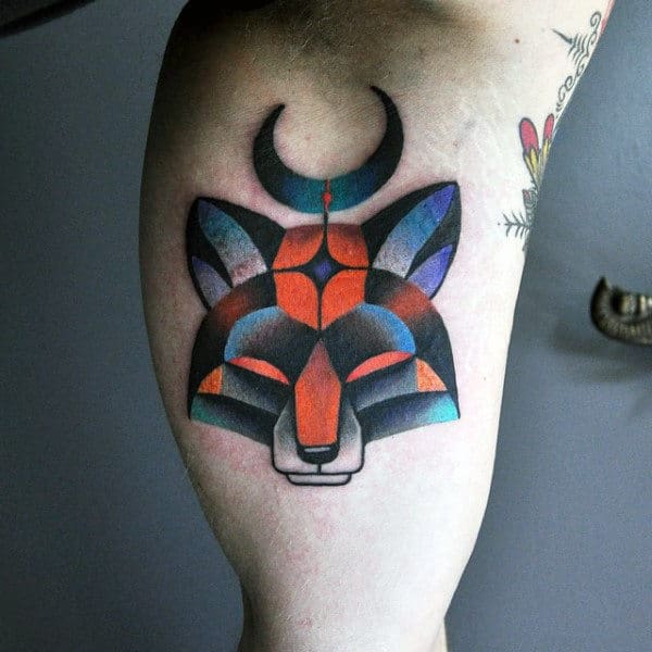 Small Mens Amazing Colorful Fox Bicep Tattoo