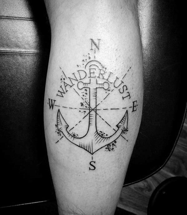 Small Mens Anchor Compass Wanderlust Leg Calf Tattoo
