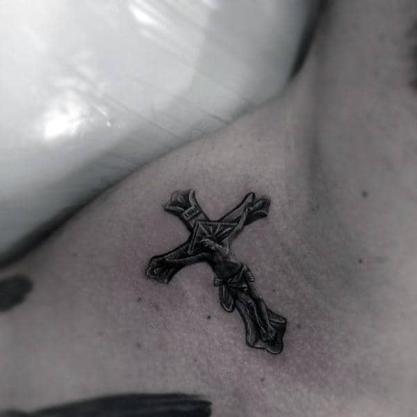 Small Mens Christian Tattoo On Upper Shoulder