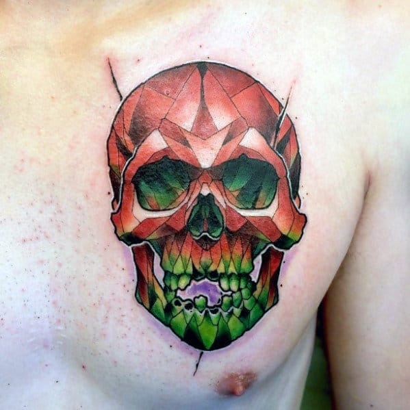 Small Mens Colorful Skull Chest Tattoo