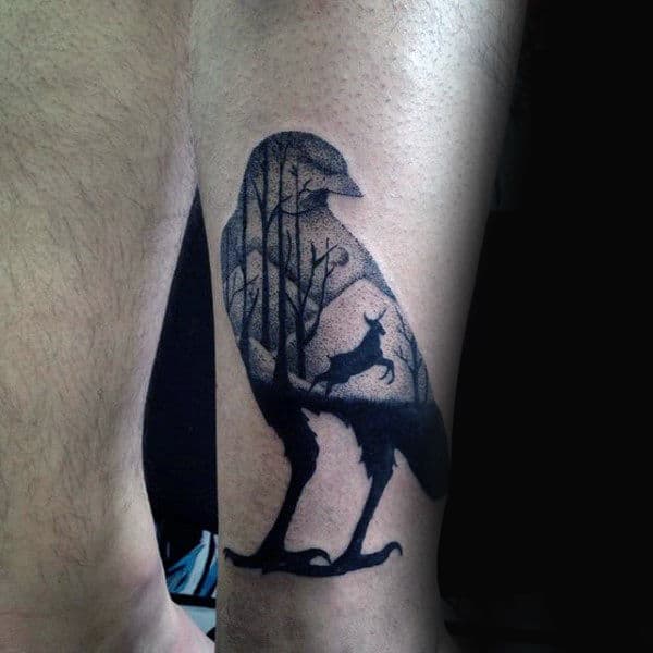 Small Mens Crow Deer Inner Forearm Tattoos