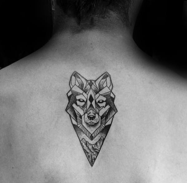 Small Mens Geometric Wolf Upper Back Tattoos