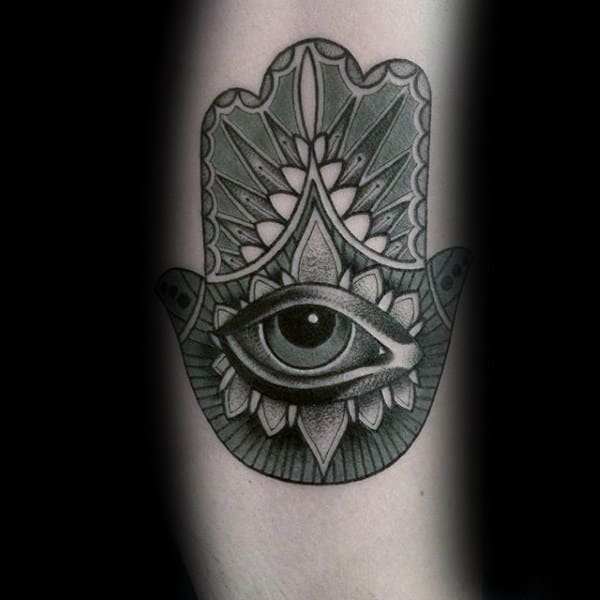 Small Mens Hamsa Shaded Tattoo Inspiration On Forearms