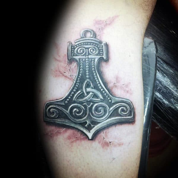 Small Mens Mjolnir White And Black Ink Arm Tattoos