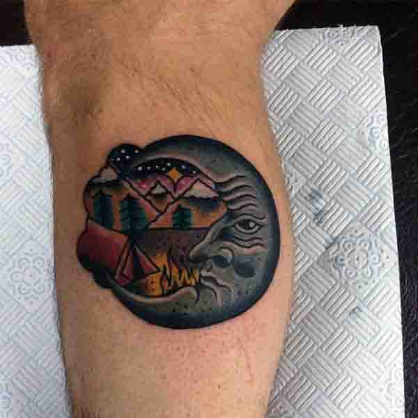 Small Mens Old School Half Moon Tattoo Design On Bicep